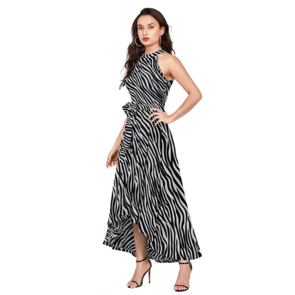 PKRKART Women's Polyester Zebra Pattern Halter Neck Sleeveless Dress (Navy Blue)