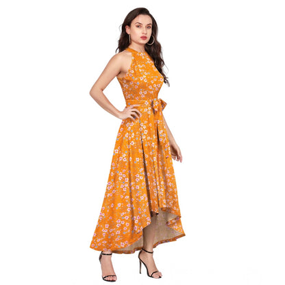 PKRKART Women's Polyester Printed Halter Neck Sleeveless Dress (Yellow)