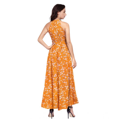 PKRKART Women's Polyester Printed Halter Neck Sleeveless Dress (Yellow)