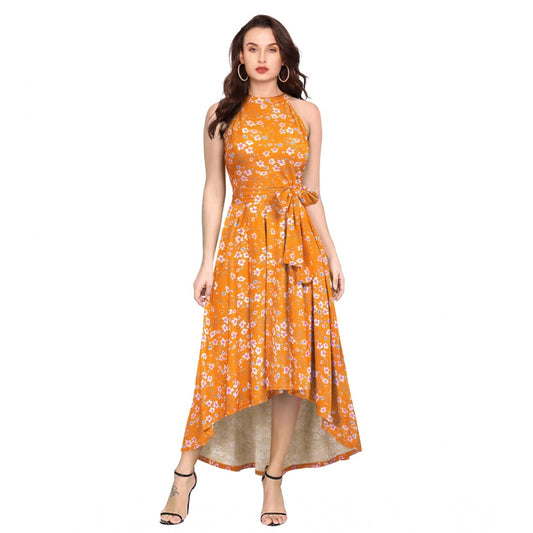 PKRKART Women's Polyester Printed Halter Neck Sleeveless Dress (Yellow)