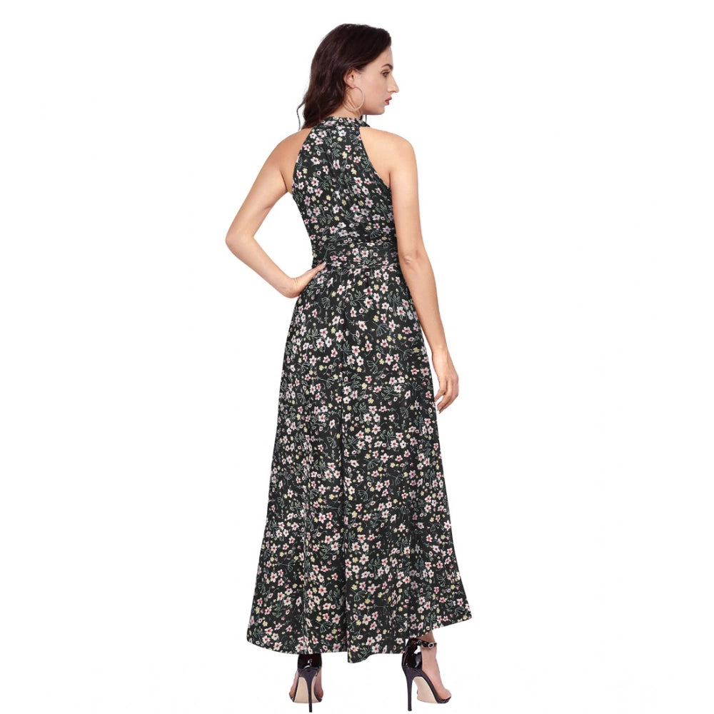 PKRKART Women's Polyester Printed Halter Neck Sleeveless Dress (Black)
