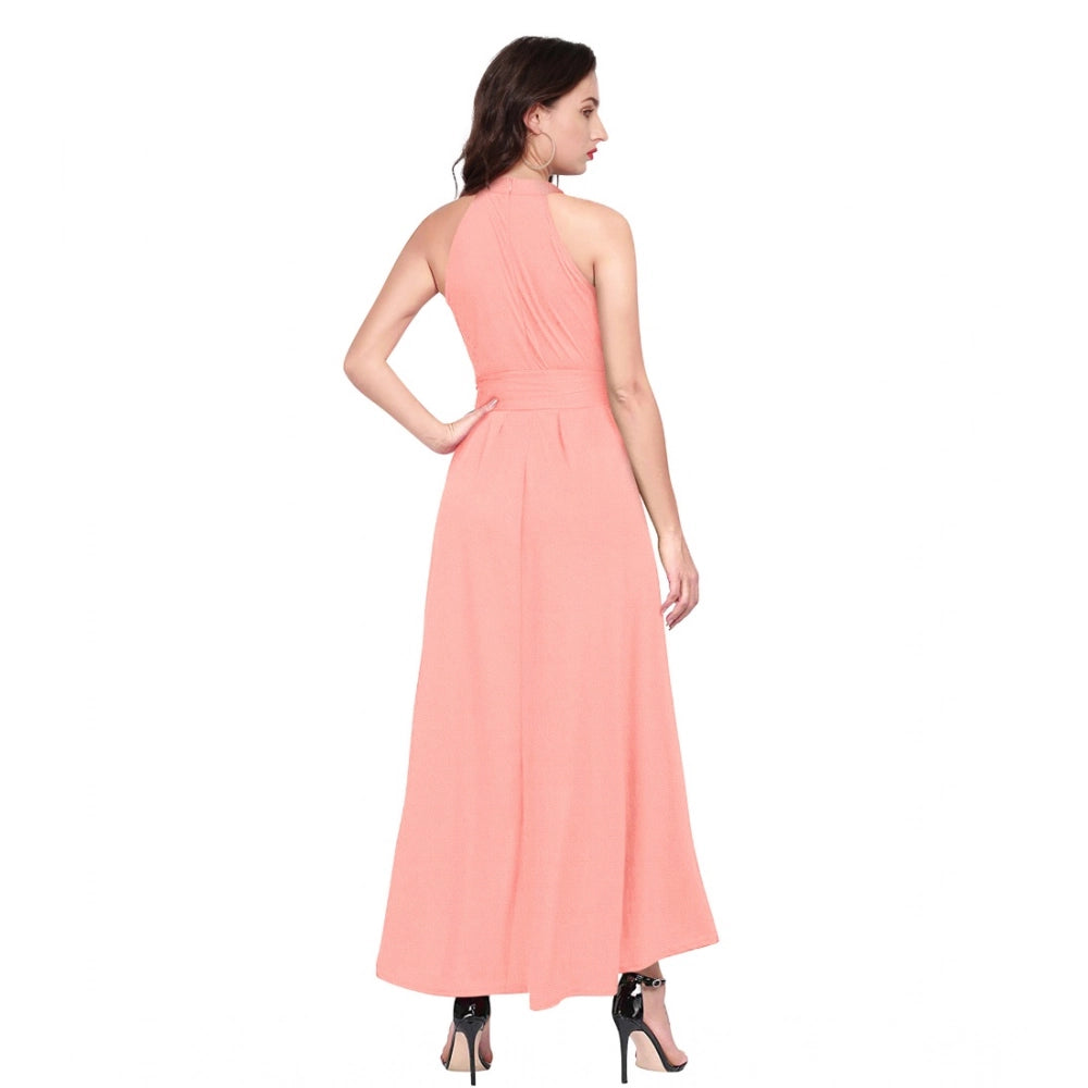 PKRKART Women's Polyster Solid Halter Neck Sleeveless Dress (Peach)
