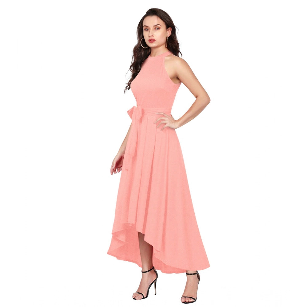 PKRKART Women's Polyster Solid Halter Neck Sleeveless Dress (Peach)