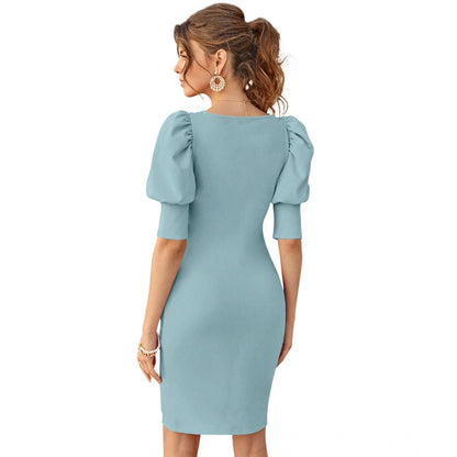 PKRKART Women's Knitting stretchable Solid Square Neck 3-4 Puff Sleeve Dress (Pista)