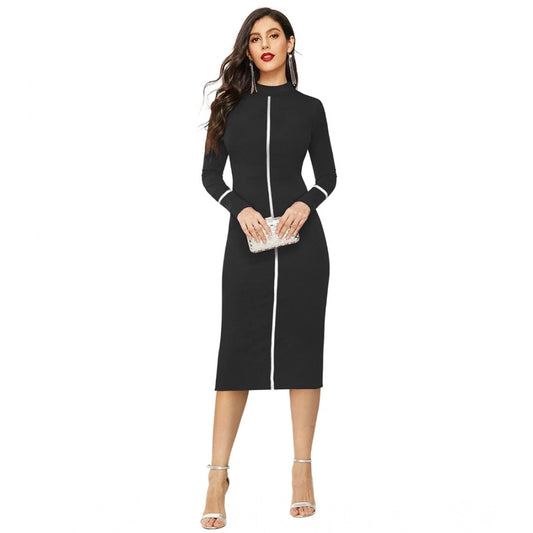 PKRKART Women's Knitting stretchable Solid Round Neck Full Sleeve Dress (Black)