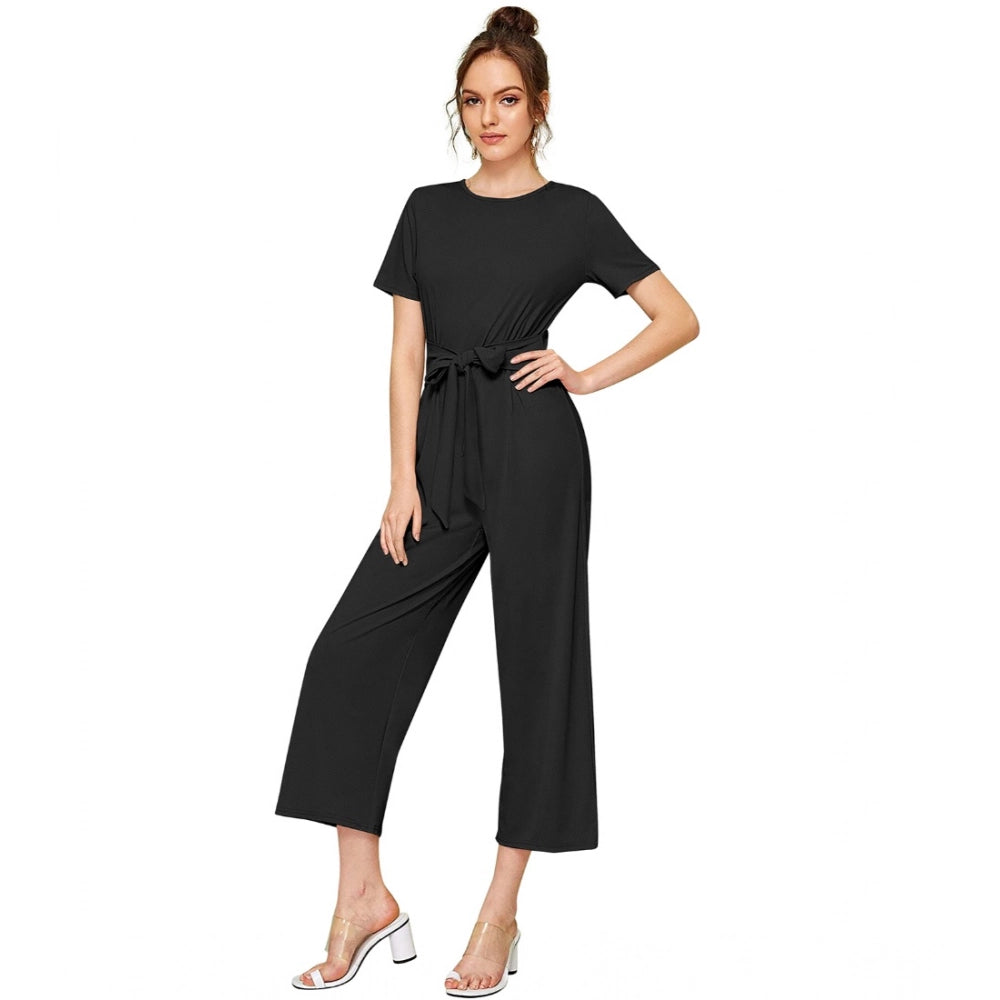 PKRKART Women's Knitting stretchable Solid Round Neck Cap Sleeve Jumpsuit (Black)