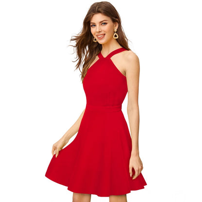 PKRKART Women's Knitting stretchable Solid Halter Neck Sleeveless Dress (Red )