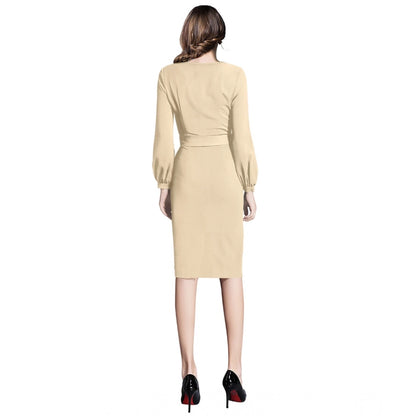 PKRKART Women's Knitting stretchable Solid Round Neck Full Sleeve Dress (Beige )