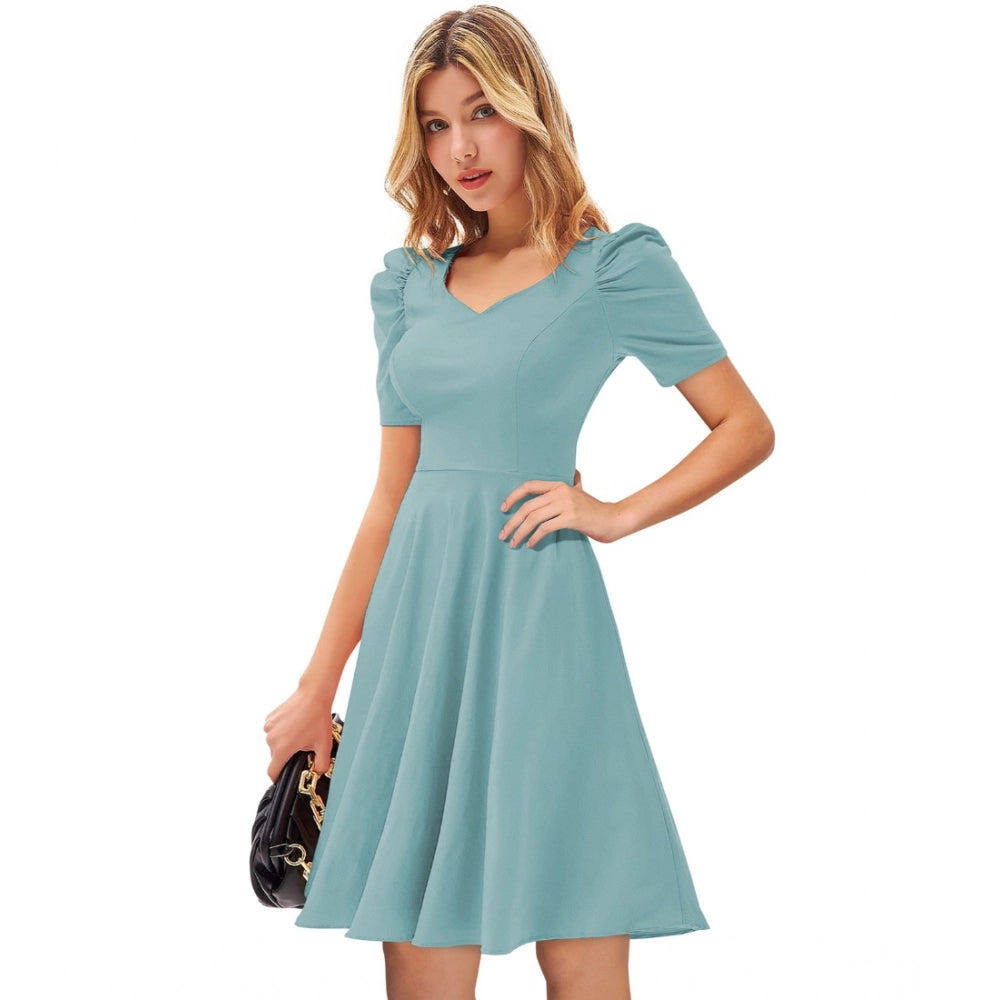 PKRKART Women's Knitting stretchable Solid V Neck Cap Sleeve Dress (Pista)