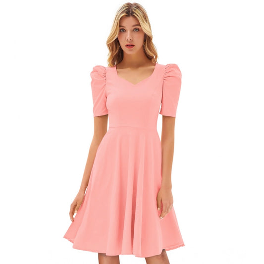 PKRKART Women's Knitting stretchable Solid V Neck Cap Sleeve Dress (Peach)