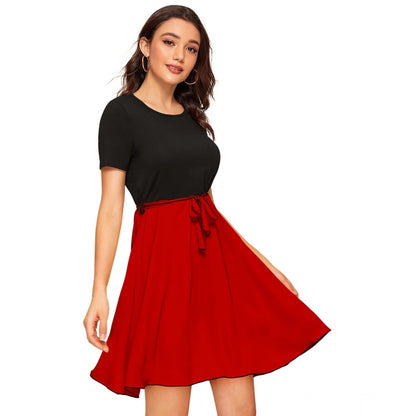 PKRKART Women's Knitting stretchable Solid Round Neck Cap Sleeve Dress (Red)