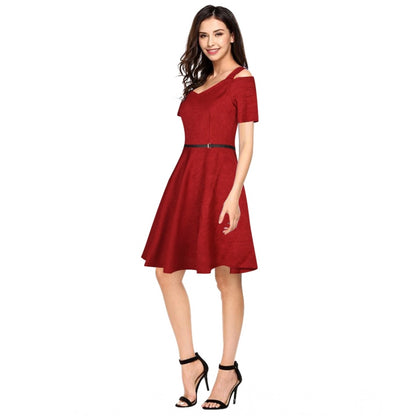 PKRKART Women's Polyester Solid V Neck Cap Sleeve Dress (Maroon)