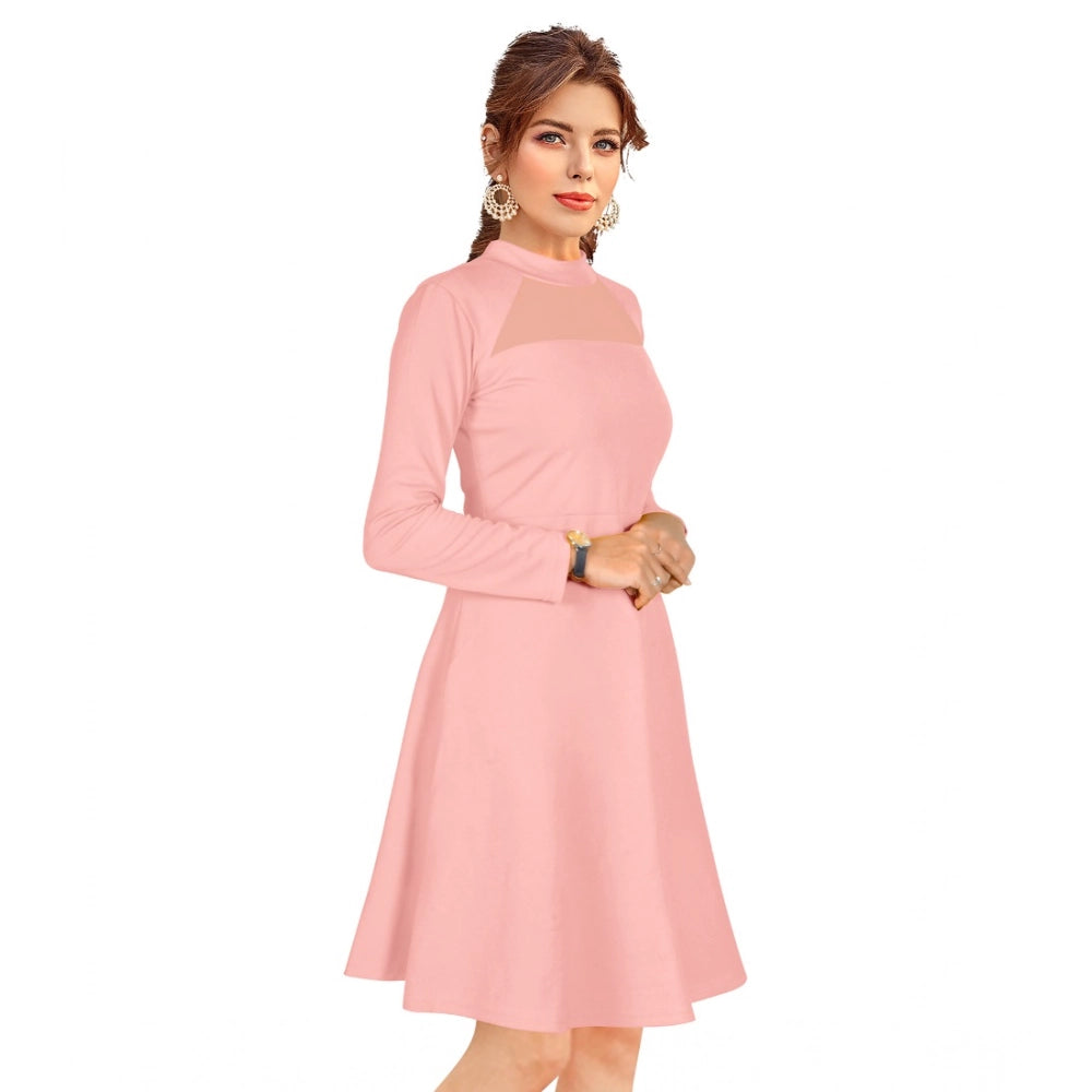 PKRKART Women's Knitting stretchable Solid Round Neck Full Sleeve Dress (Peach)