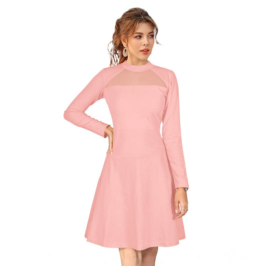 PKRKART Women's Knitting stretchable Solid Round Neck Full Sleeve Dress (Peach)