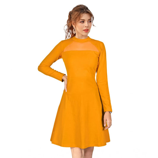 PKRKART Women's Knitting stretchable Solid Round Neck Full Sleeve Dress (Yellow)