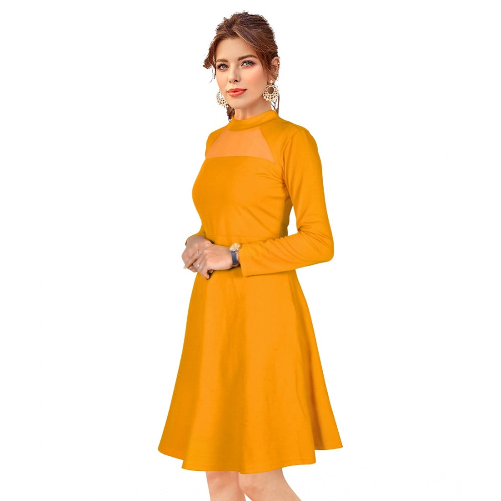 PKRKART Women's Knitting stretchable Solid Round Neck Full Sleeve Dress (Yellow)