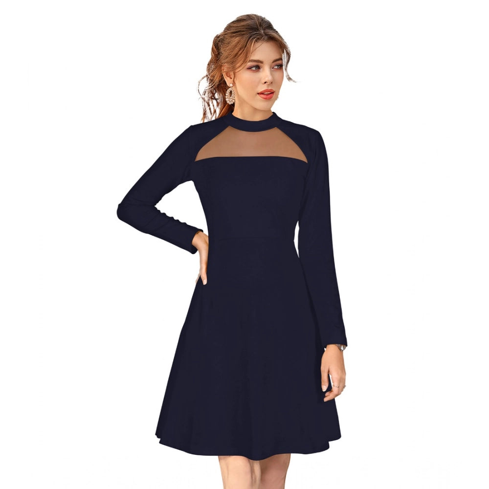 PKRKART Women's Knitting stretchable Solid Round Neck Full Sleeve Dress (Blue)