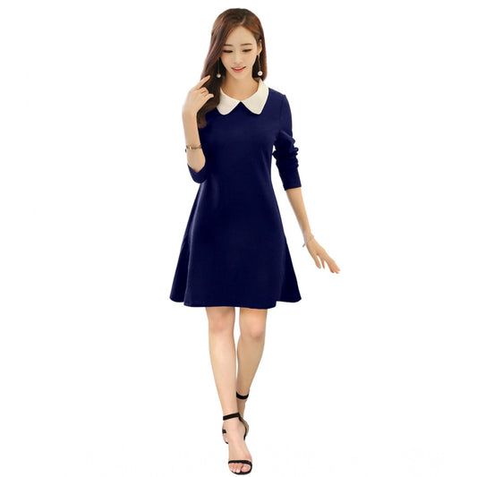 PKRKART Women's Polyester Solid Collar 3-4th Dress (Blue)