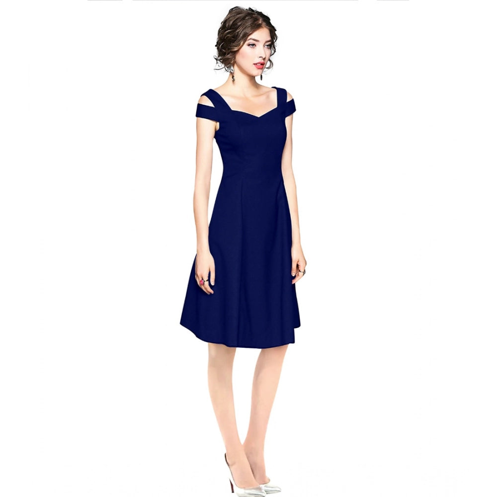 PKRKART Women's Polyester Solid V Neck Cap Sleeve off Shoulder Dress (Blue)