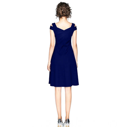 PKRKART Women's Polyester Solid V Neck Cap Sleeve off Shoulder Dress (Blue)