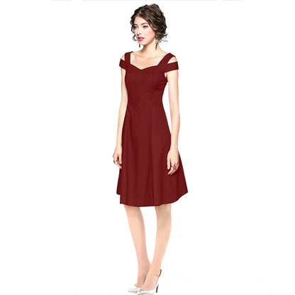 PKRKART Women's Polyester Solid V Neck Cap Sleeve off Shoulder Dress (Maroon)