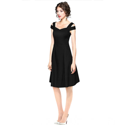 PKRKART Women's Polyester Solid V Neck Cap Sleeve off Shoulder Dress (Black)