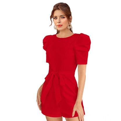 PKRKART Women's Knitting stretchable Solid Round Neck 3-4 Puff Sleeve Dress (Red )