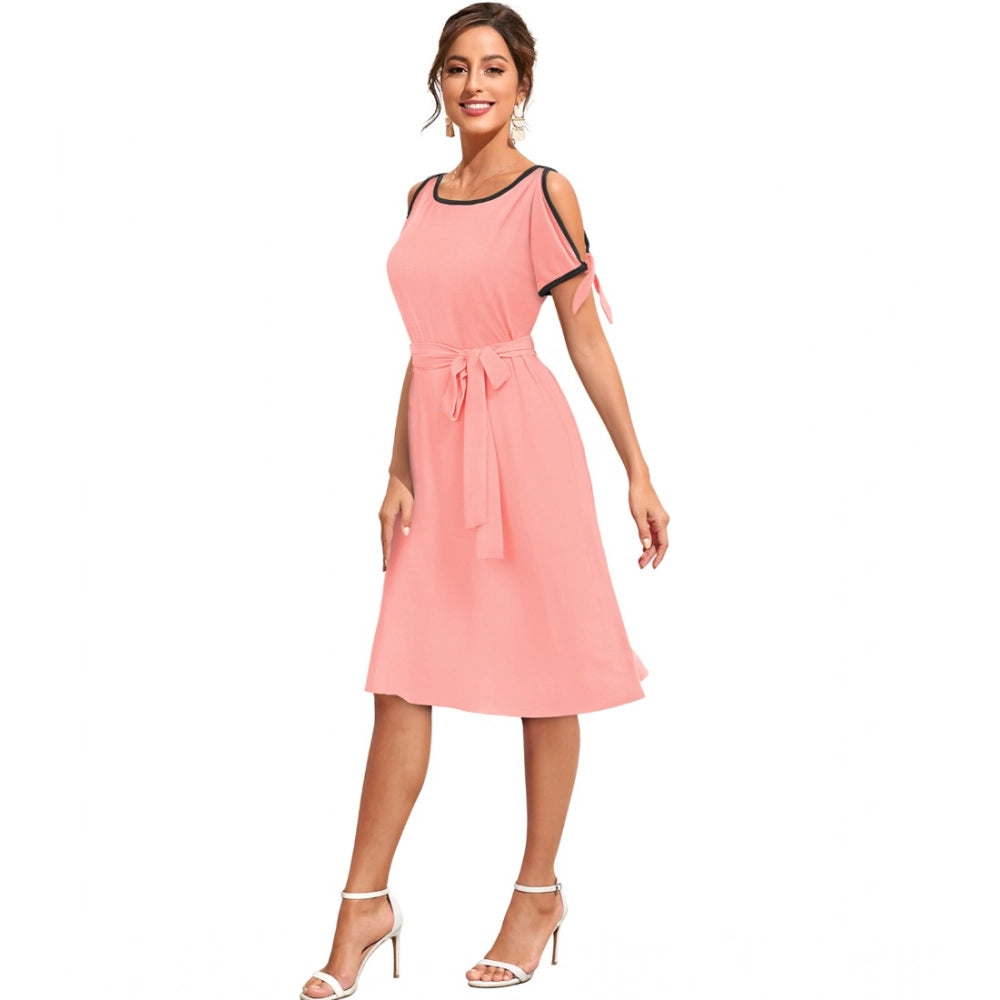 PKRKART Women's Knitting stretchable Solid Round Neck Sleeveless Dress (Peach)