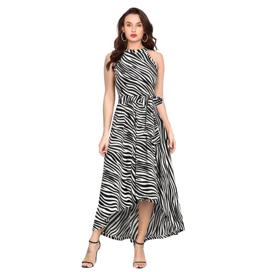 PKRKART Women's Polyester Zebra Pattern Halter Neck Sleeveless Dress (White)