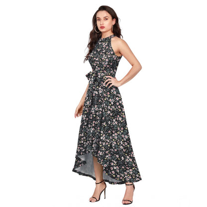 PKRKART Women's Polyester Printed Halter Neck Sleeveless Dress (Black)