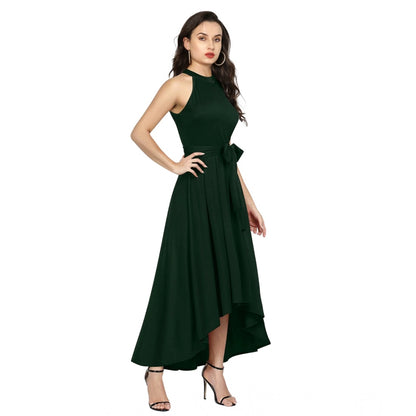 PKRKART Women's Polyster Solid Halter Neck Sleeveless Dress (Green)