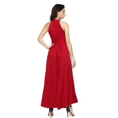 PKRKART Women's Polyster Solid Halter Neck Sleeveless Dress (Red)