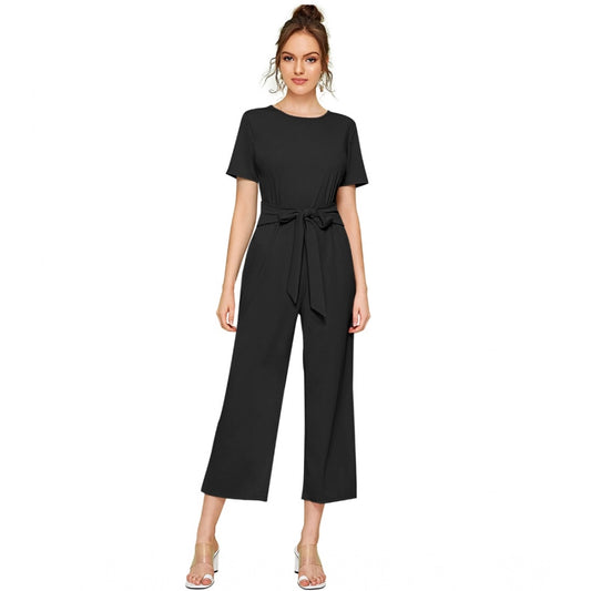 PKRKART Women's Knitting stretchable Solid Round Neck Cap Sleeve Jumpsuit (Black)
