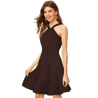 PKRKART Women's Knitting stretchable Solid Halter Neck Sleeveless Dress (Coffee)