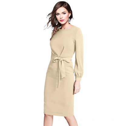 PKRKART Women's Knitting stretchable Solid Round Neck Full Sleeve Dress (Beige )