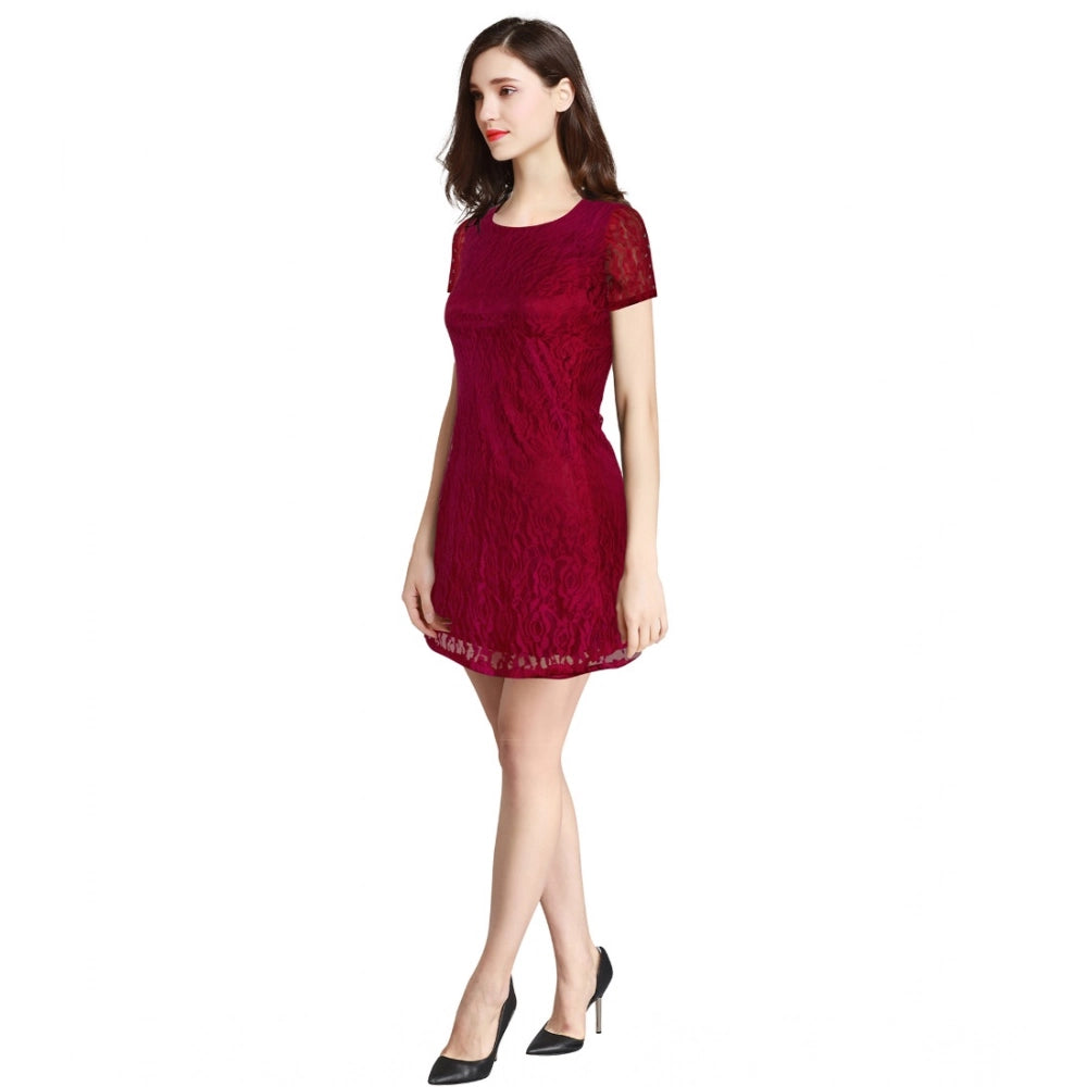 PKRKART Women's Rasal Solid Round Neck Cap Sleeve Dress (Maroon)