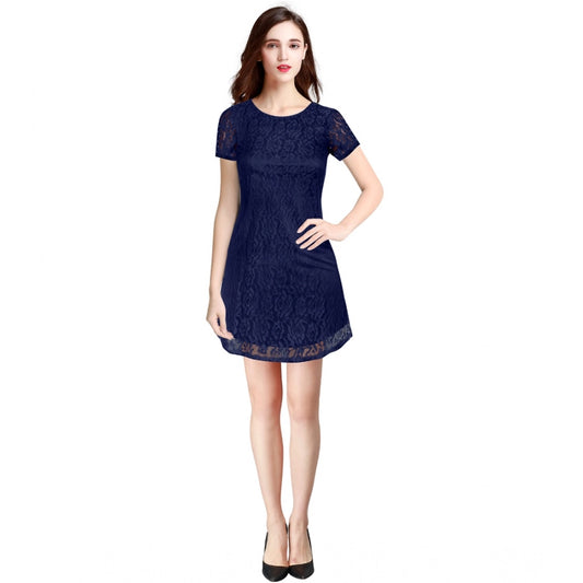 PKRKART Women's Rasal Solid Round Neck Cap Sleeve Dress (Blue)