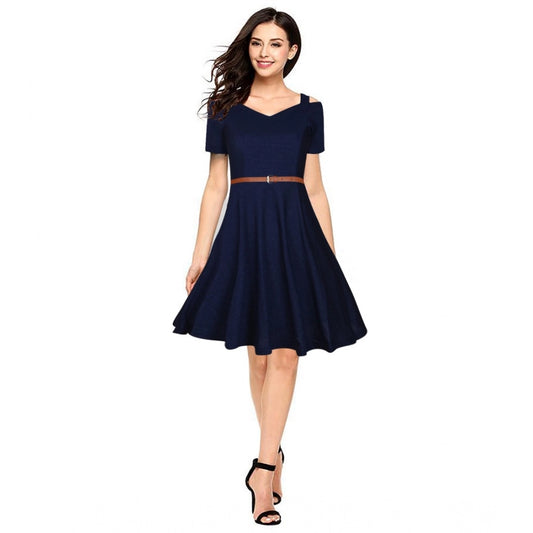 PKRKART Women's Polyester Solid V Neck Cap Sleeve Dress (Blue)
