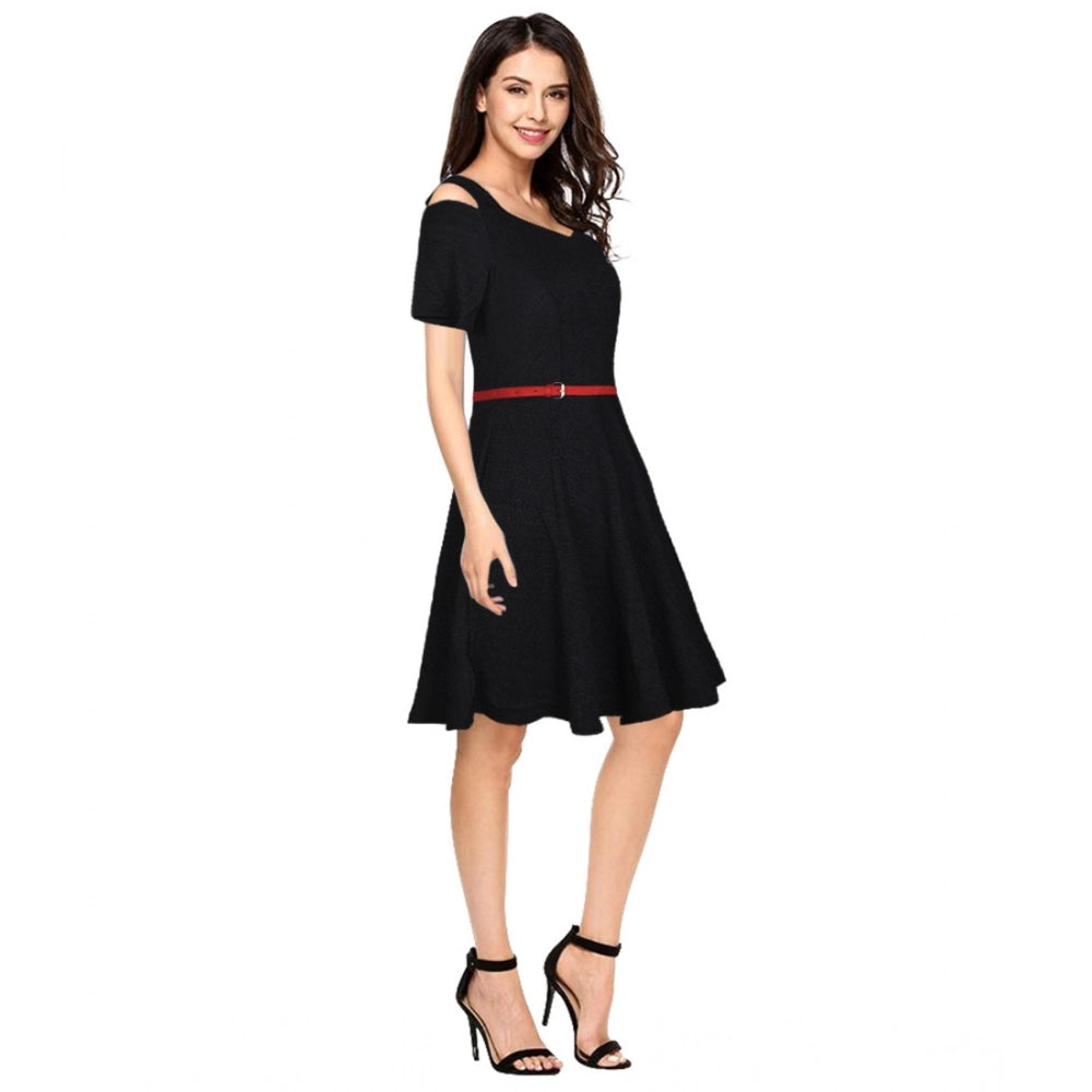 PKRKART Women's Polyester Solid V Neck Cap Sleeve Dress (Black)