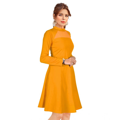 PKRKART Women's Knitting stretchable Solid Round Neck Full Sleeve Dress (Yellow)