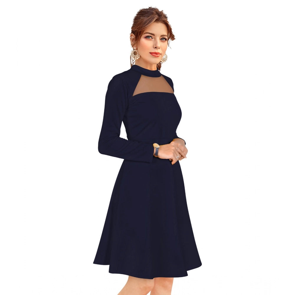 PKRKART Women's Knitting stretchable Solid Round Neck Full Sleeve Dress (Blue)