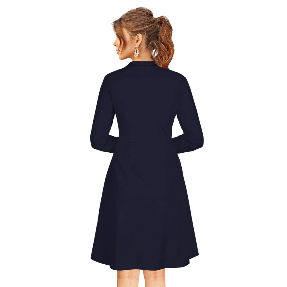 PKRKART Women's Knitting stretchable Solid Round Neck Full Sleeve Dress (Blue)