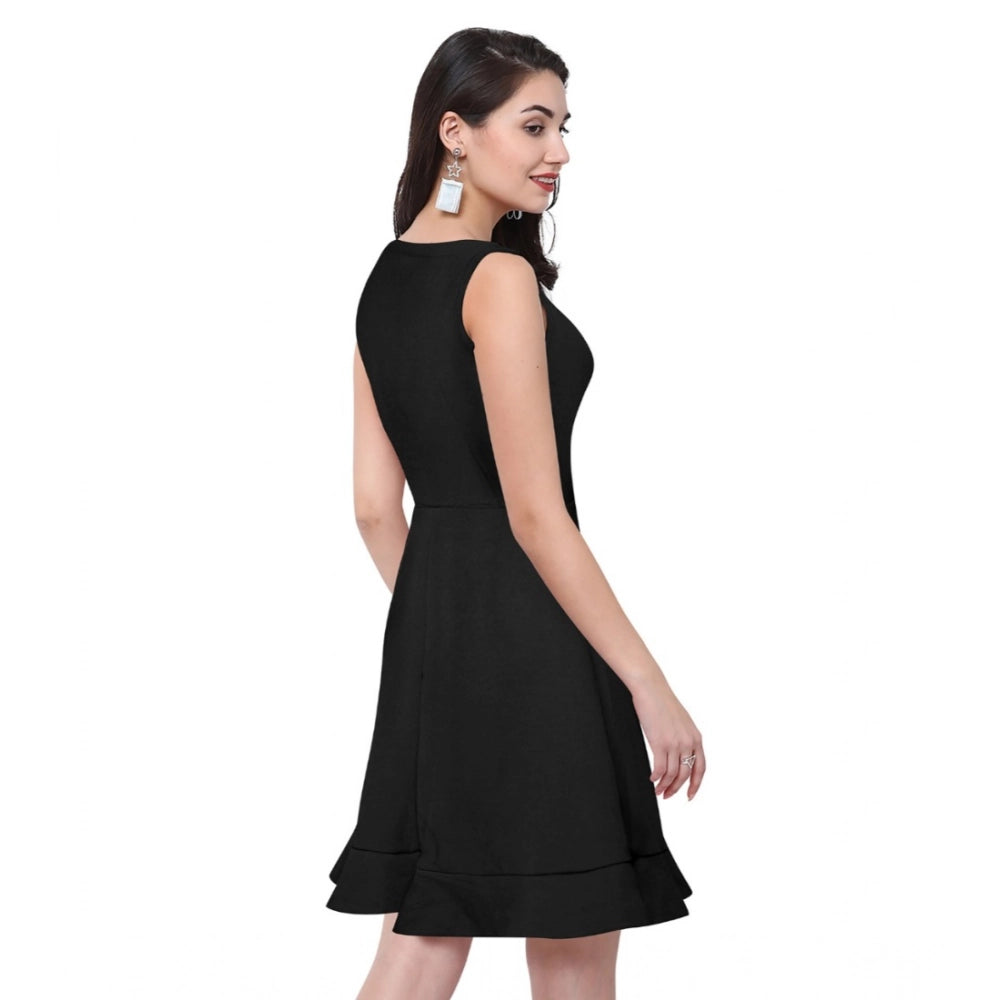 PKRKART Women's Polyester Solid Round Neck Sleeveless Dress (Black)