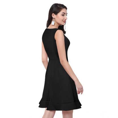 PKRKART Women's Polyester Solid Round Neck Sleeveless Dress (Black)