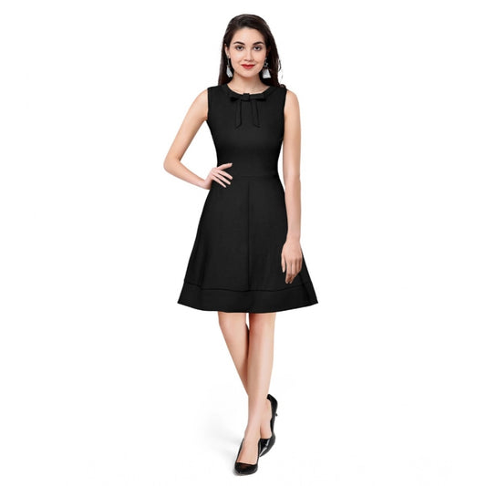 PKRKART Women's Polyester Solid Round Neck Sleeveless Dress (Black)