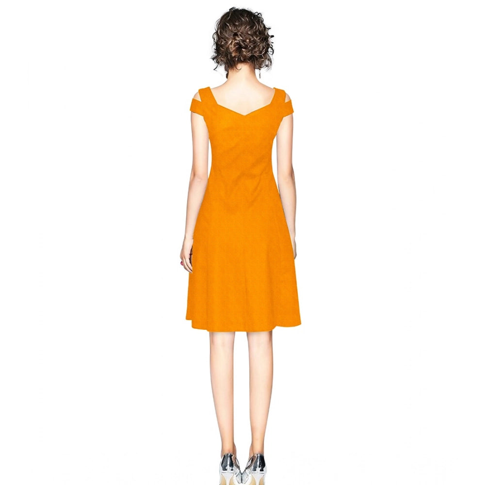 PKRKART Women's Polyester Solid V Neck Cap Sleeve off Shoulder Dress (Yellow)