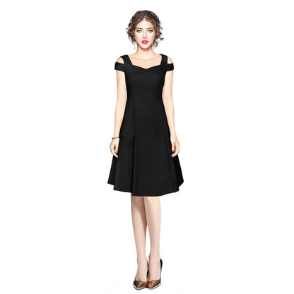 PKRKART Women's Polyester Solid V Neck Cap Sleeve off Shoulder Dress (Black)
