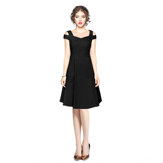 PKRKART Women's Polyester Solid V Neck Cap Sleeve off Shoulder Dress (Black)
