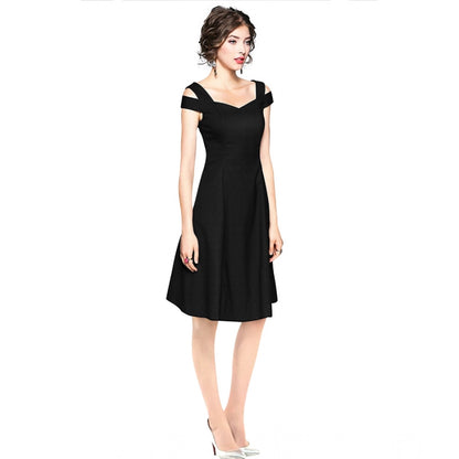 PKRKART Women's Polyester Solid V Neck Cap Sleeve off Shoulder Dress (Black)