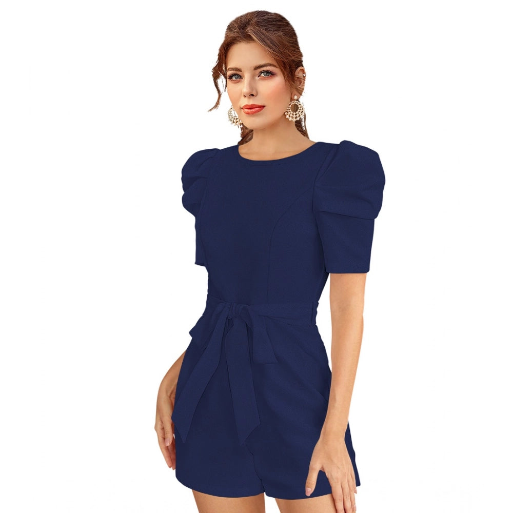 PKRKART Women's Knitting stretchable Solid Round Neck 3-4 Puff Sleeve Dress (Blue)